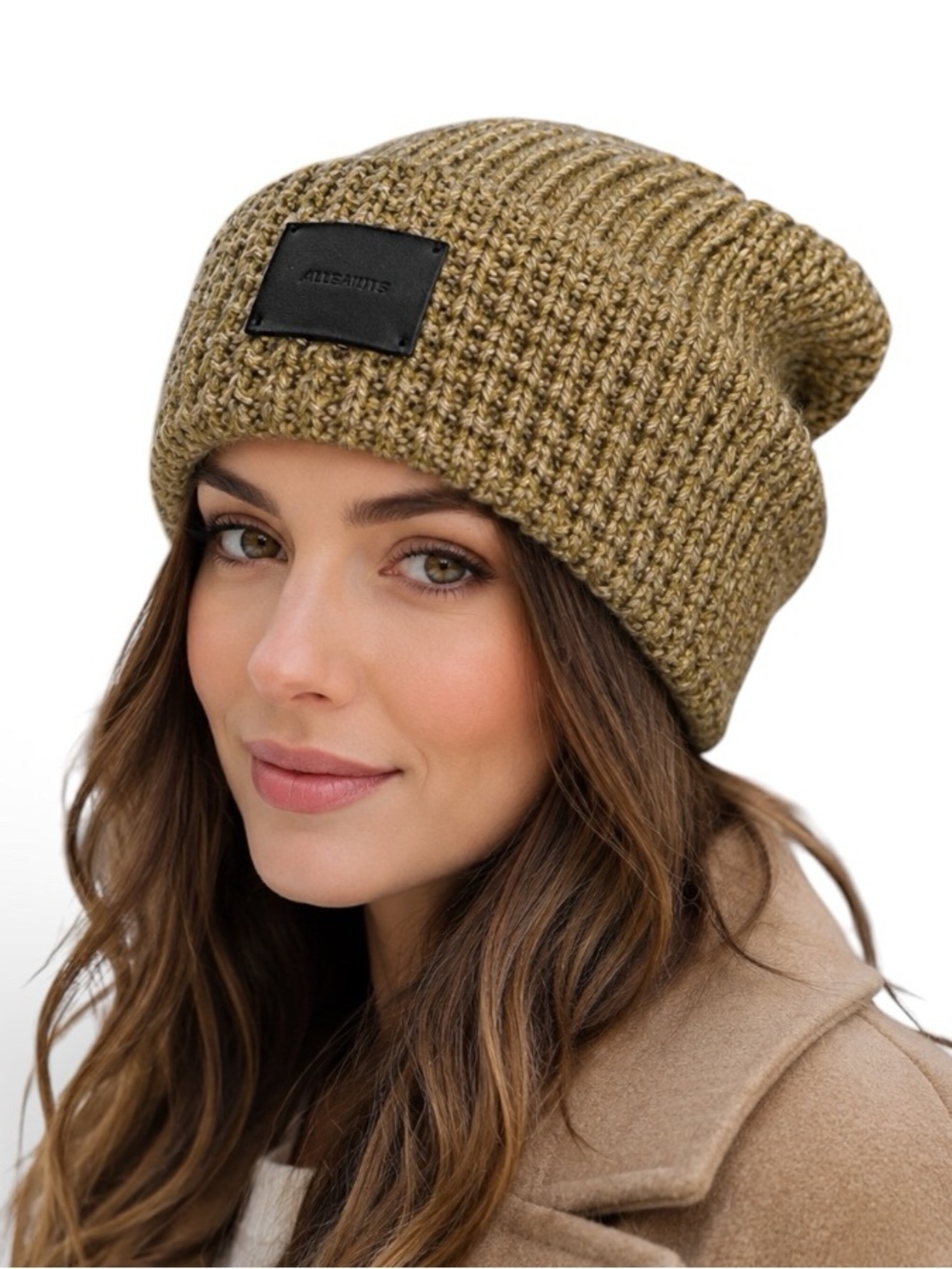AllSaints Angled Stitch Marled Knit Beanie Khaki Multi Wool Blend NWOT